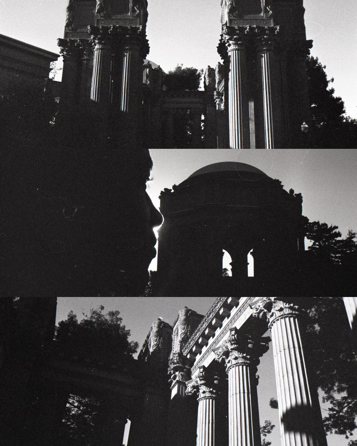 Black and white triptych of the Palace of Fine Arts columns and rotunda in San Francisco.