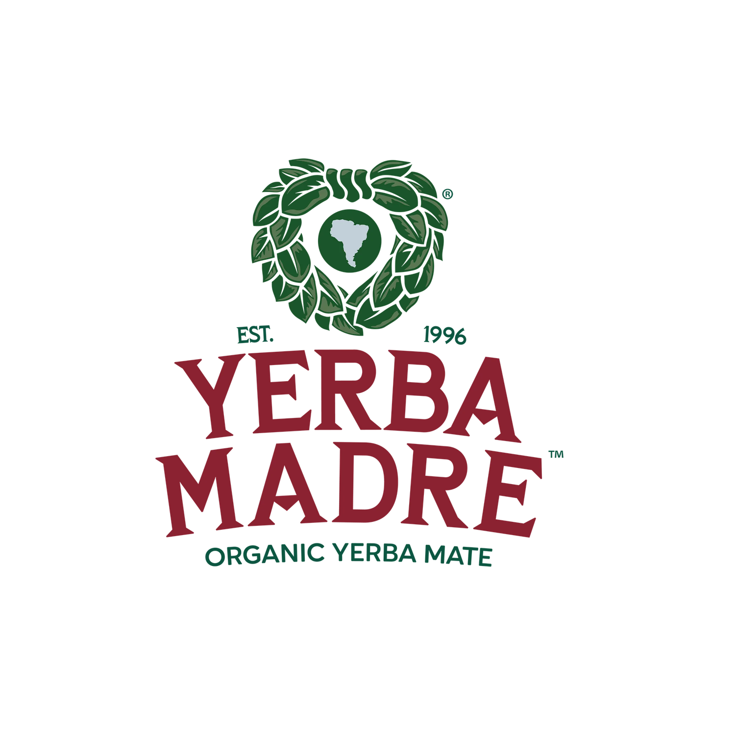 Yerba Madre organic yerba mate brand logo established 1996 with green leaf wreath design.