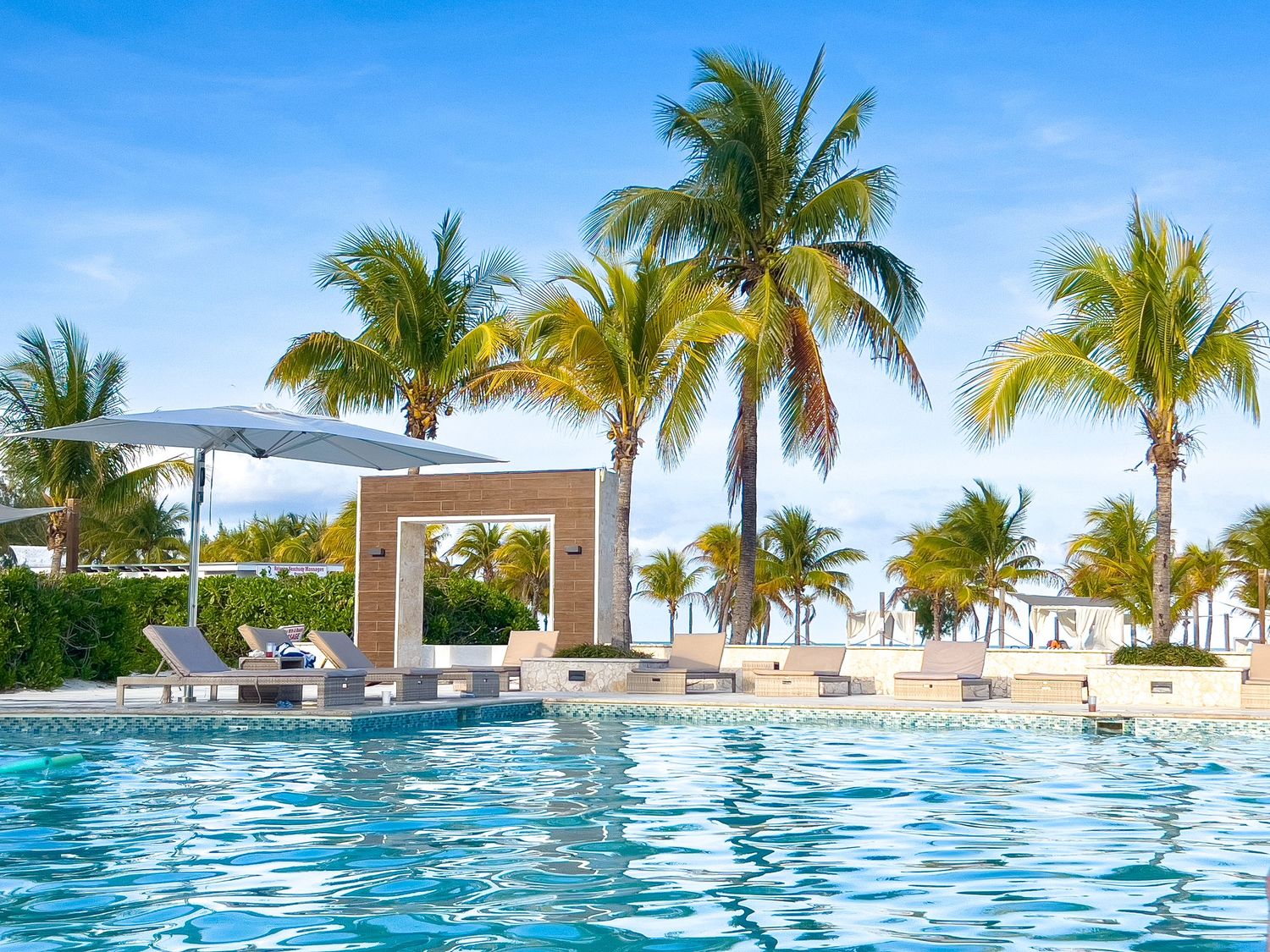 Panoramic view of a luxurious infinity pool overlooking the ocean with palm trees and lounge chairs at a tropical resort.