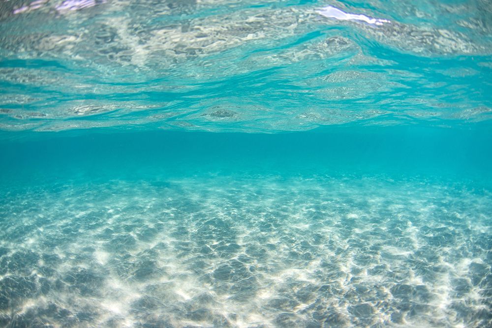 Underwater view of sunlight filtering through turquoise waters over rippled sandy seabed.