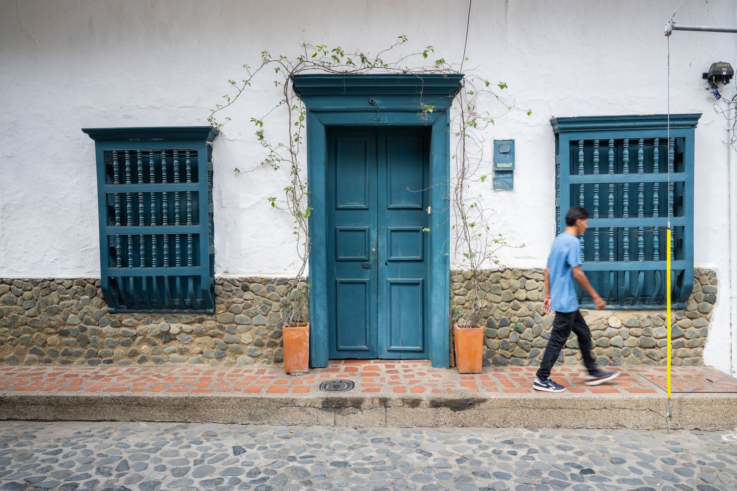 Architectural detail showing repeating teal blue doors and windows along a white colonial building wall.