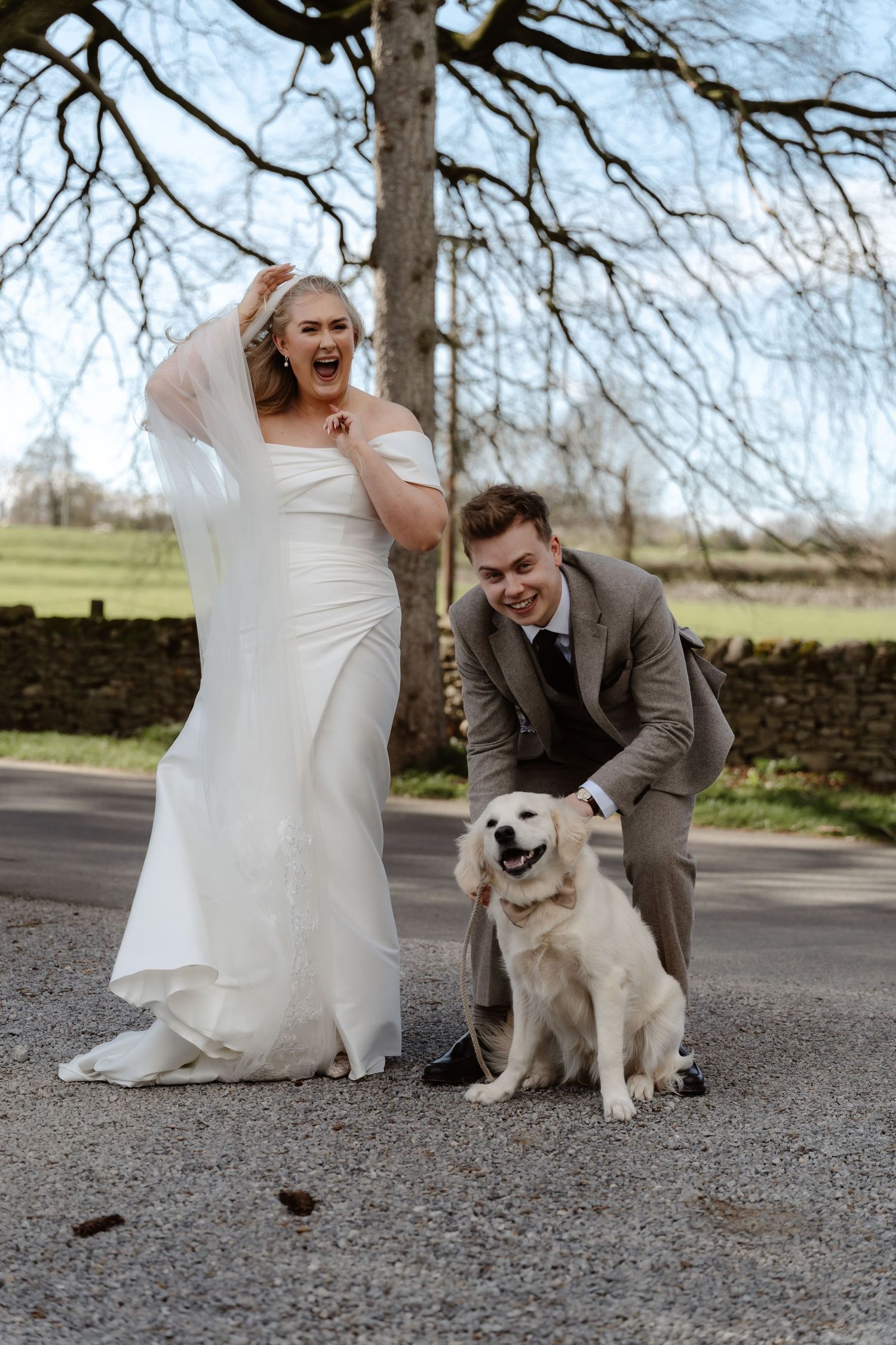 Bride and groom laughing with their golden retriever dog on their wedding day outdoors near a stone wall.