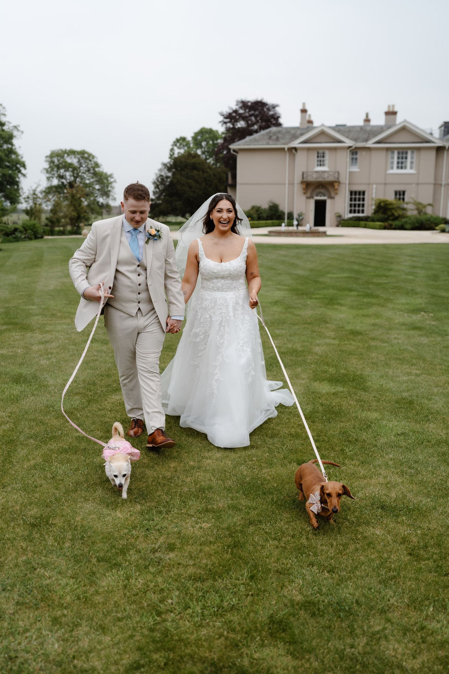 Bride and groom walking two dogs on leashes across green lawn in front of elegant country house wedding venue.