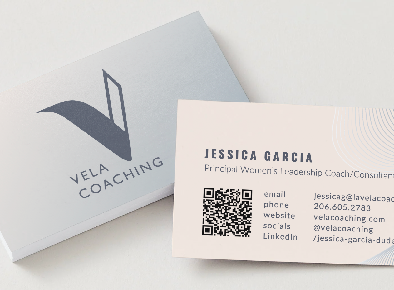 Minimalist business cards with QR code and contact information for Jessica Garcia.