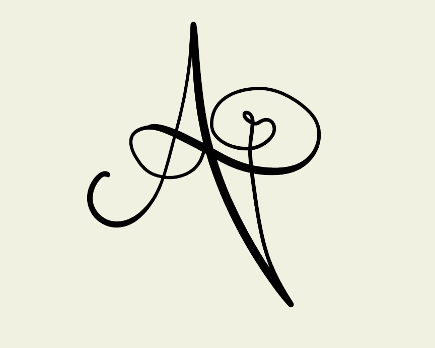 Elegant calligraphy monogram letter A with decorative swirls and flourishes in black ink on cream background.