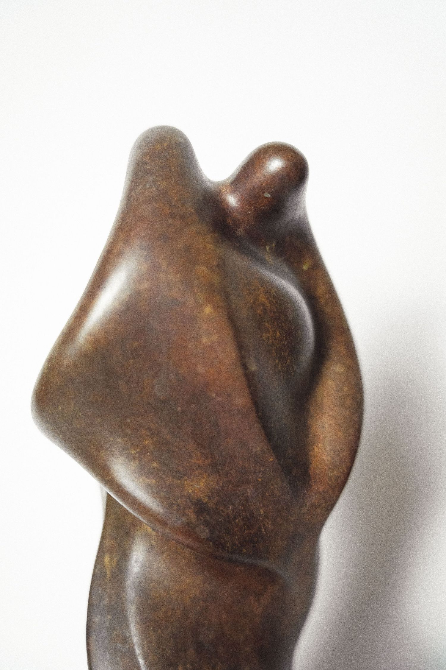 Close-up detail of a dark bronze abstract sculpture showing smooth curved organic human-like forms.