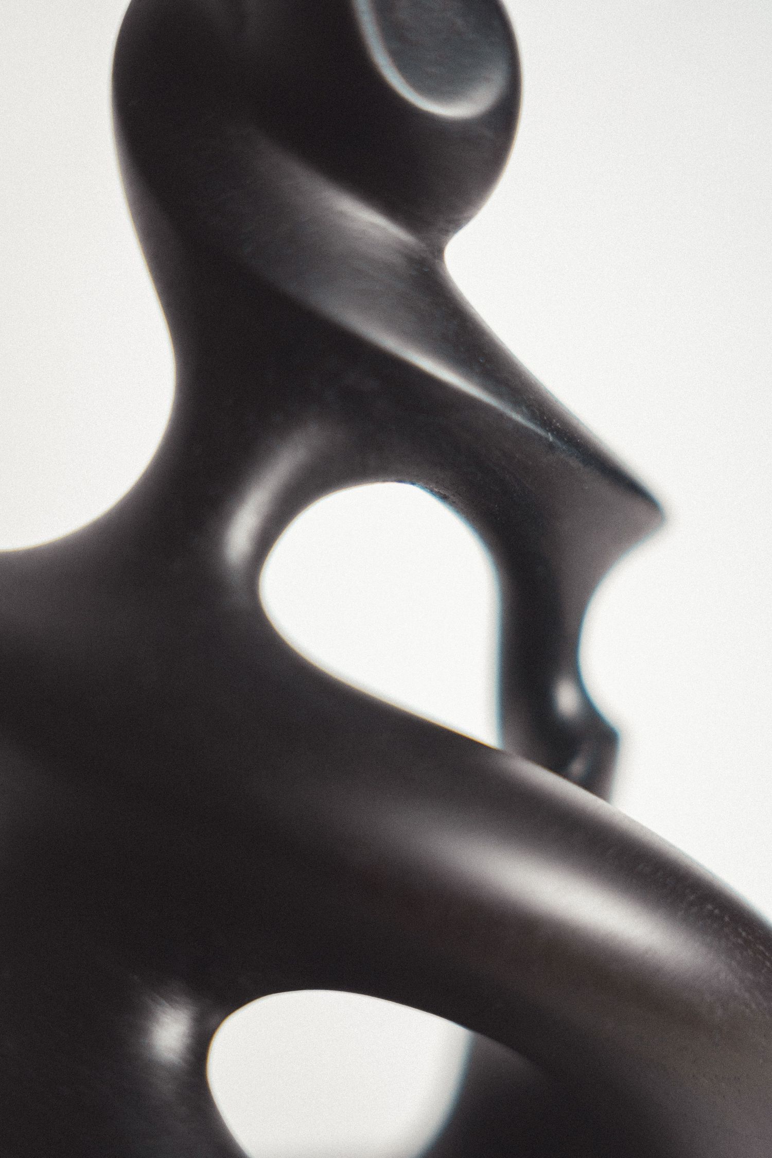 Close-up detail of dark matte abstract sculpture with organic curved forms and negative space cutouts.