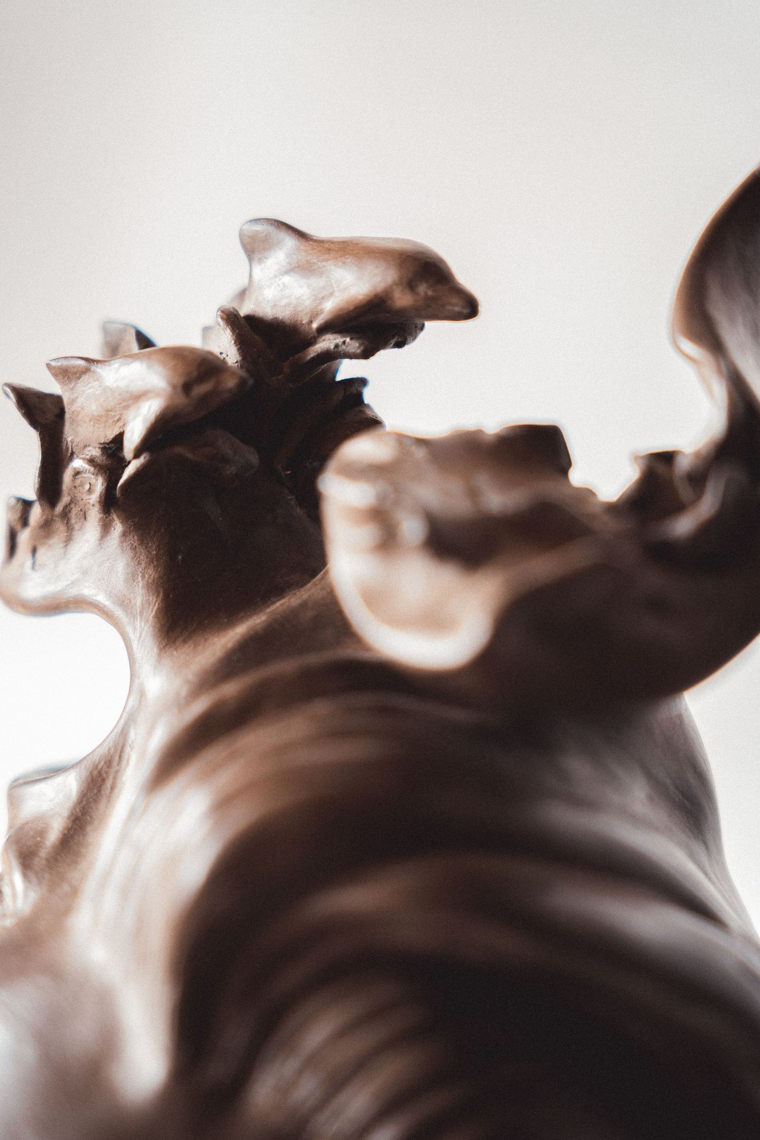 Close-up of a dark bronze sculpture with flowing organic forms and dynamic movement captured in rich detail.