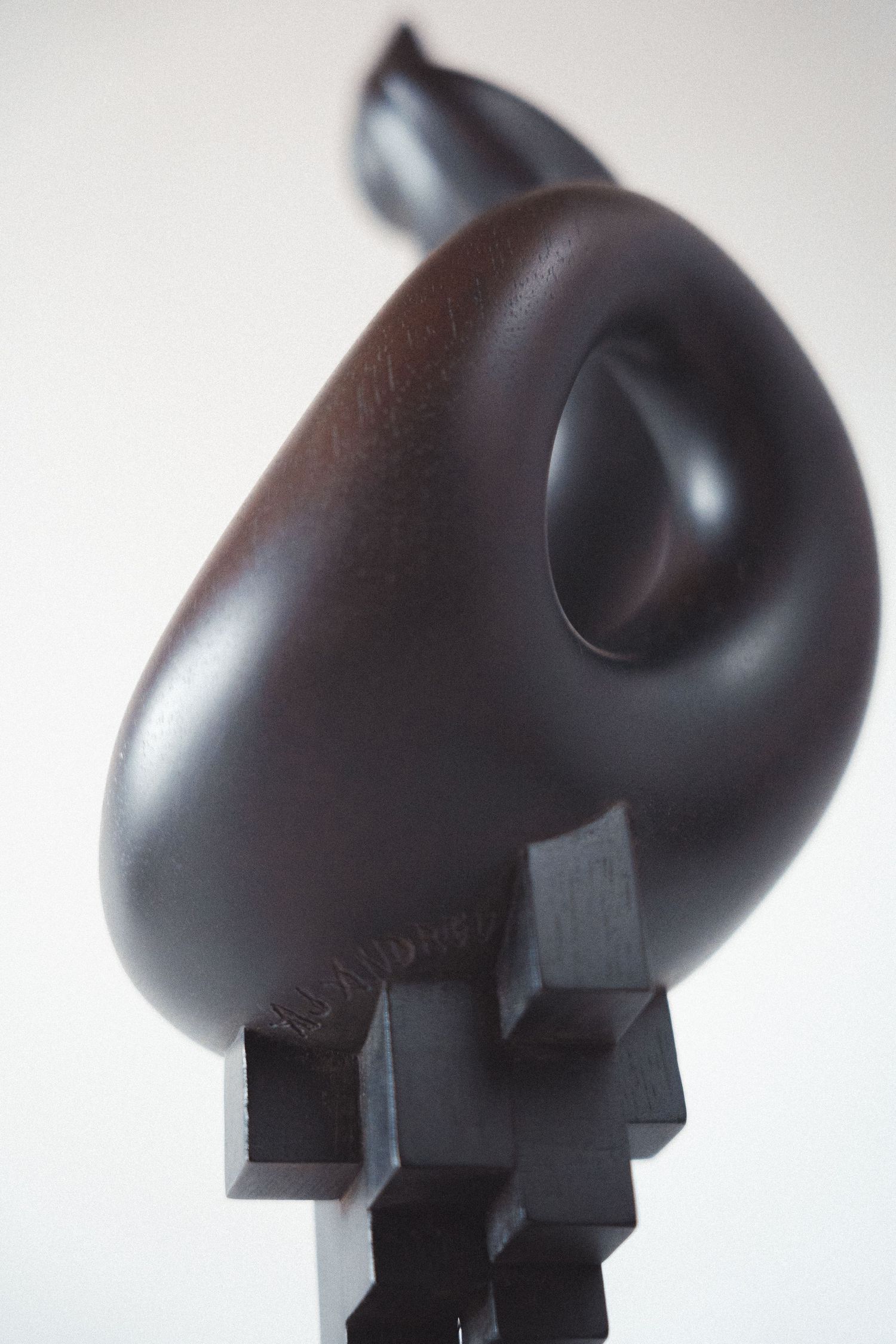 Close-up detail of dark bronze abstract sculpture showing smooth curved toroidal form on cubic base.