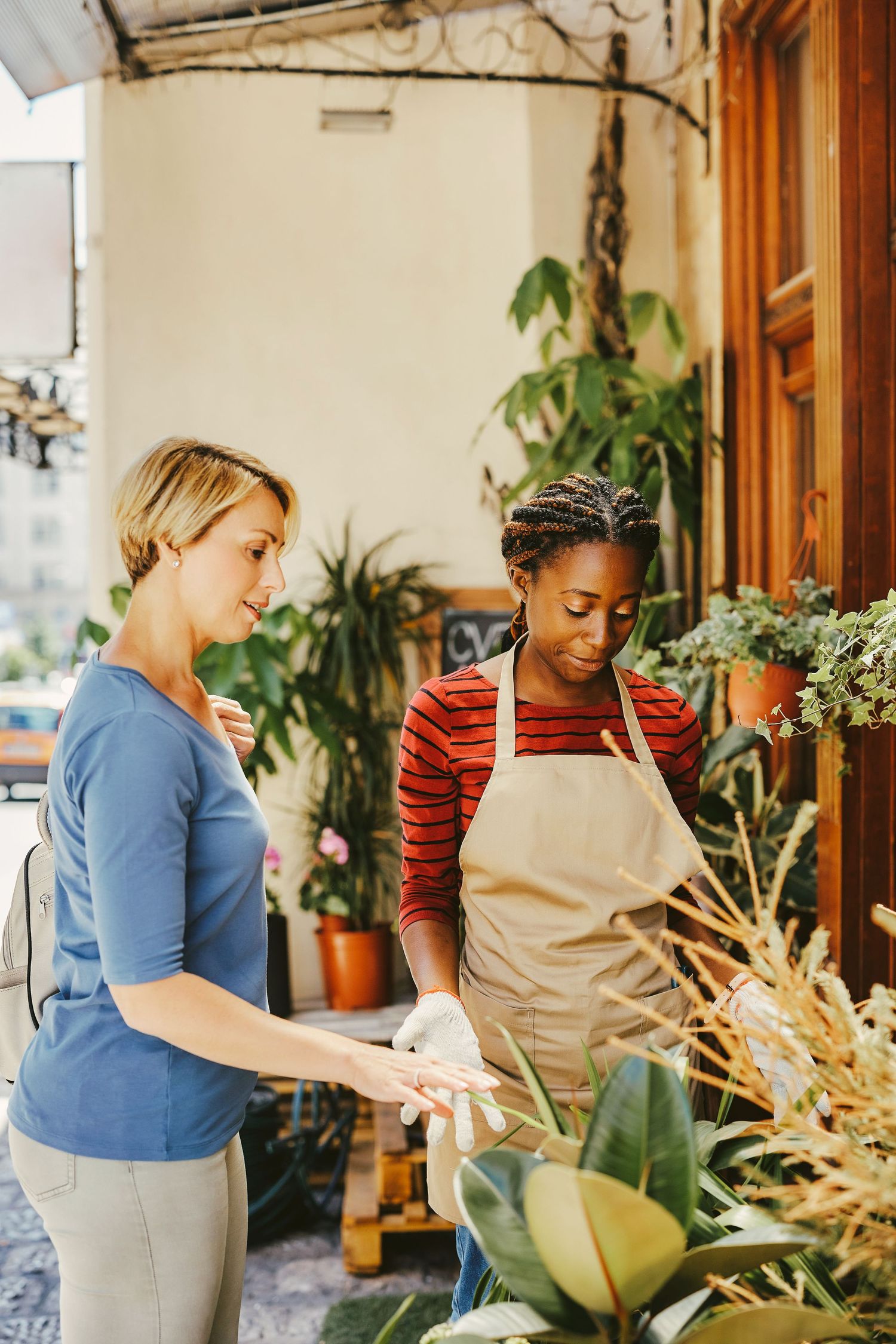 Two women examining plants outside a flower shop, one wearing an apron assisting a customer with plant selection.