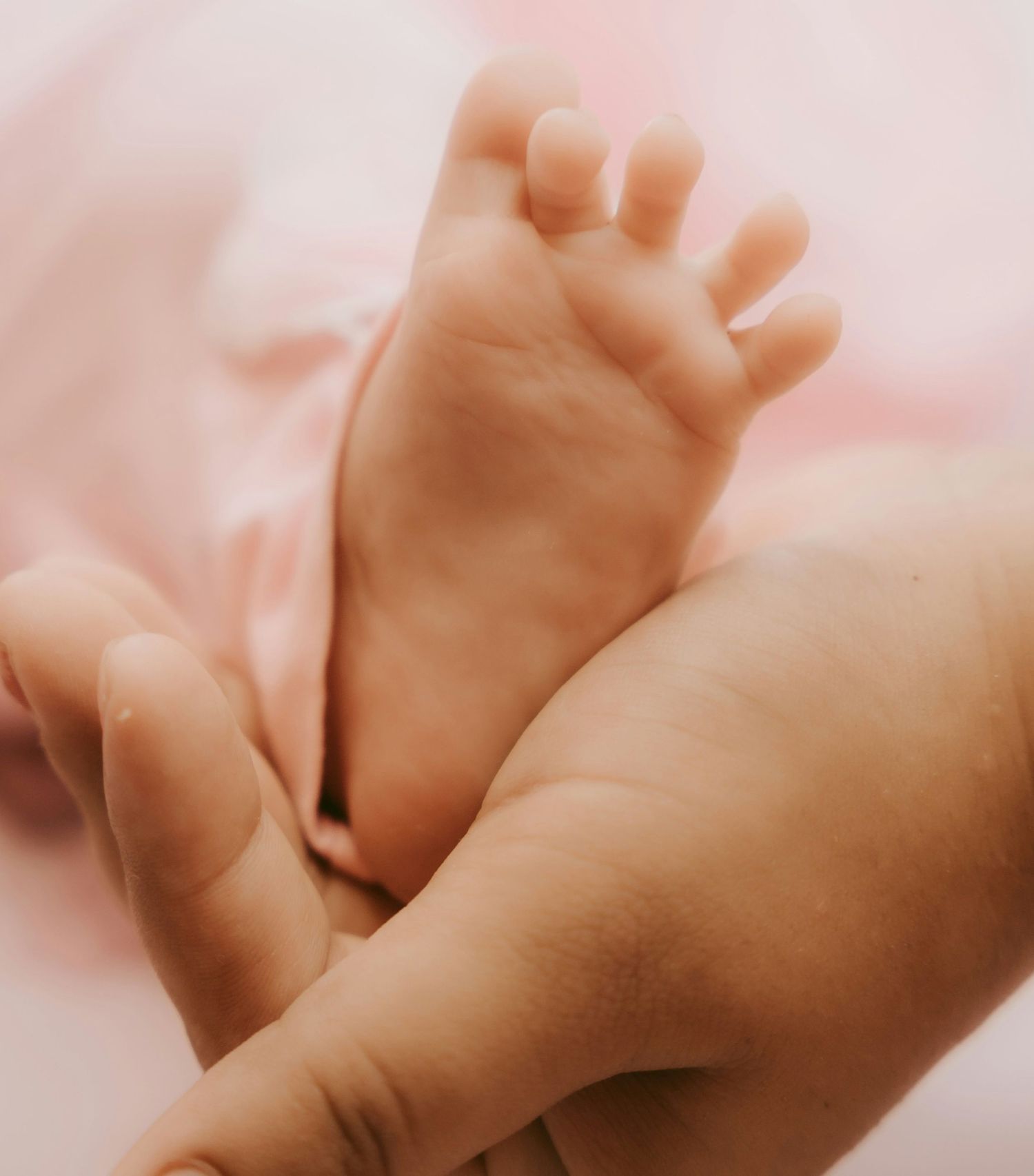 An adult hand gently cradling a tiny newborn baby foot against a soft pink background.