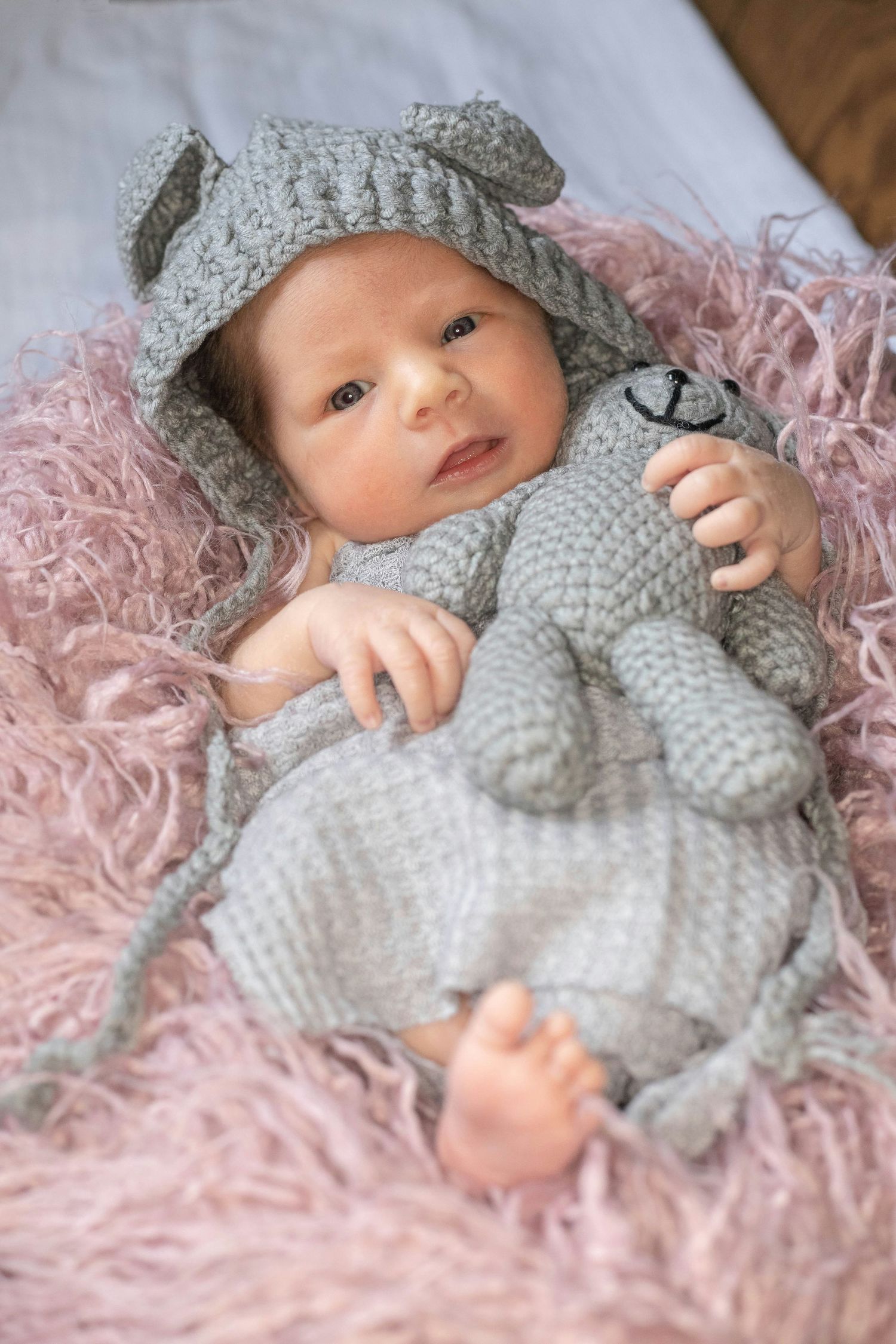 Newborn baby in gray knit elephant costume holding matching stuffed toy on pink fur.