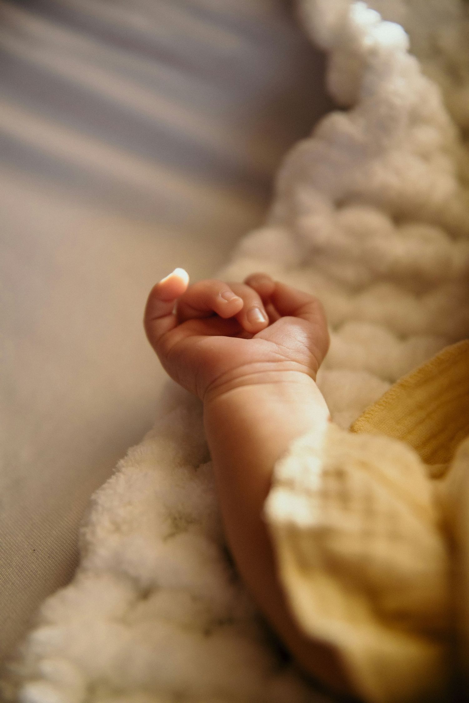 A newborn baby's tiny clenched fist resting on a fluffy white blanket in warm light.