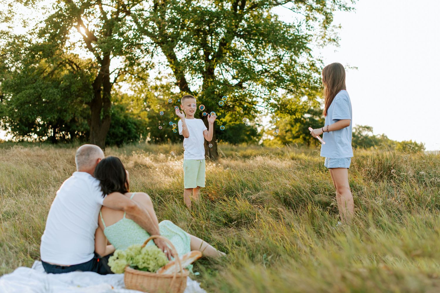 Family enjoying a sunny outdoor picnic in a grassy field with trees in the background.