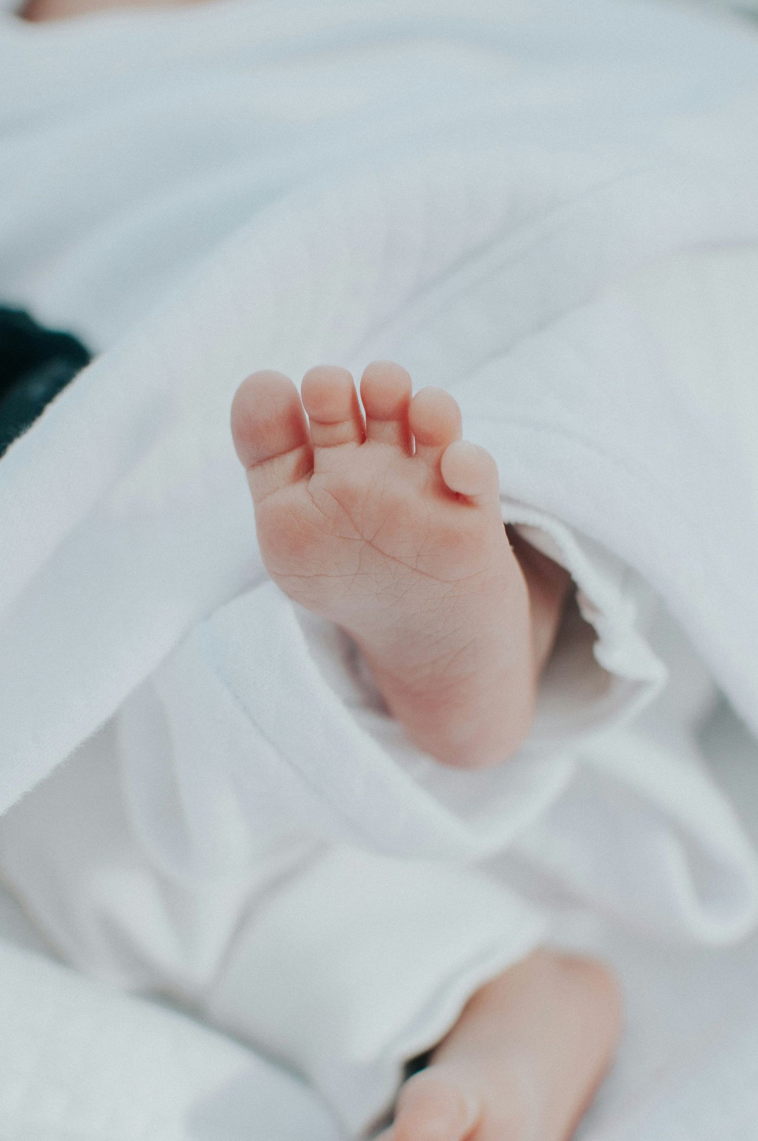 Single newborn baby foot peeking from soft white blanket close-up.