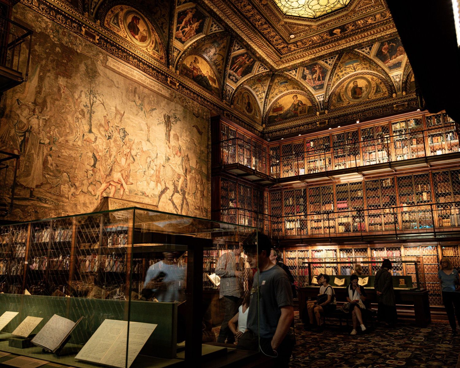 Ornate library with gilded ceilings, frescoes, floor-to-ceiling bookshelves, and a large tapestry in a historic reading room.