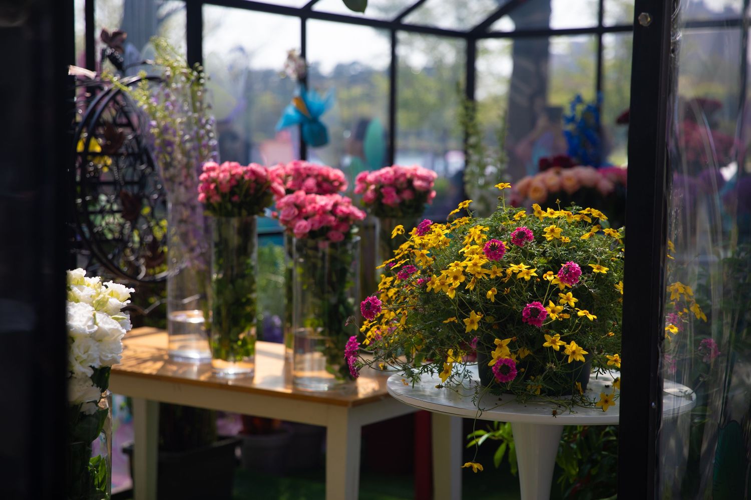 Colorful flower arrangements displayed in glass vases inside a greenhouse flower shop.