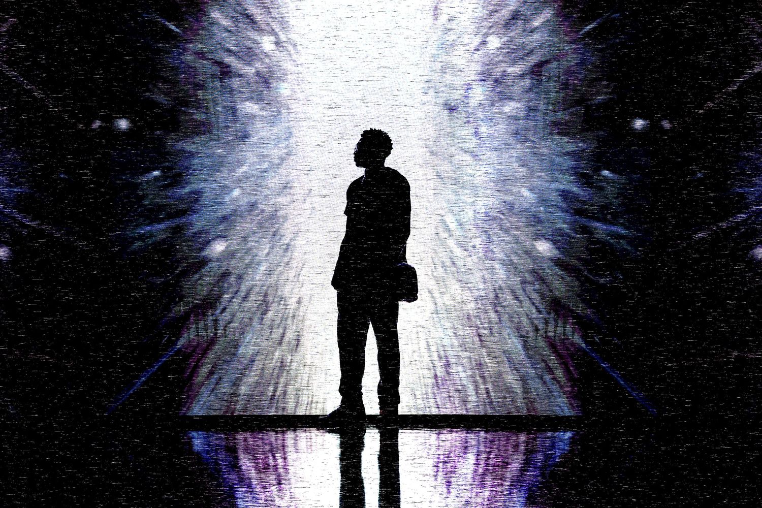 Silhouette of a person standing before a glowing white light with blue cosmic energy wings spread wide.