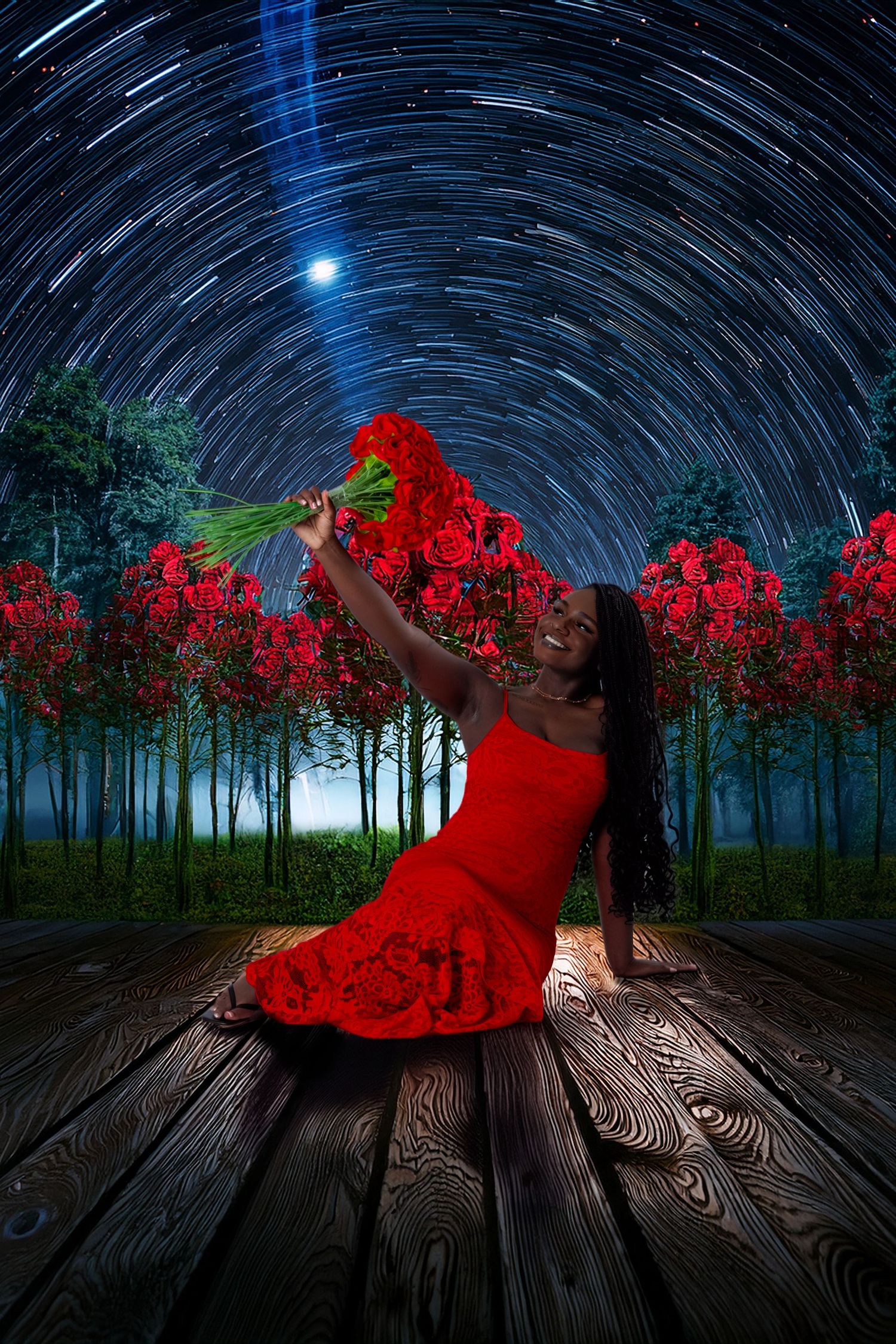 Woman in red dress holding roses aloft under a stunning star trail night sky with red flowering trees.