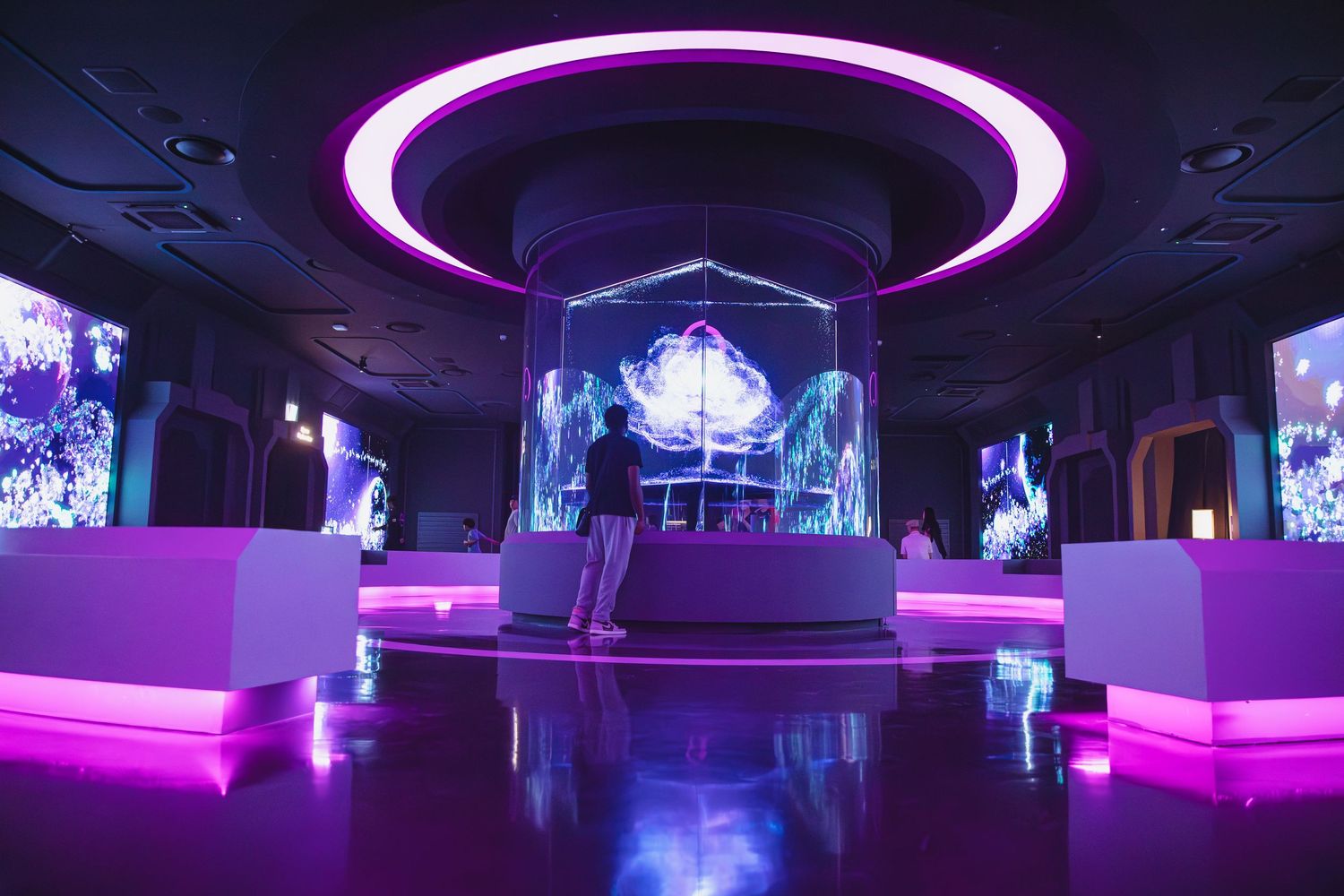 Futuristic interactive exhibit with purple neon lighting, holographic displays, and glowing screens in a dark immersive gallery.