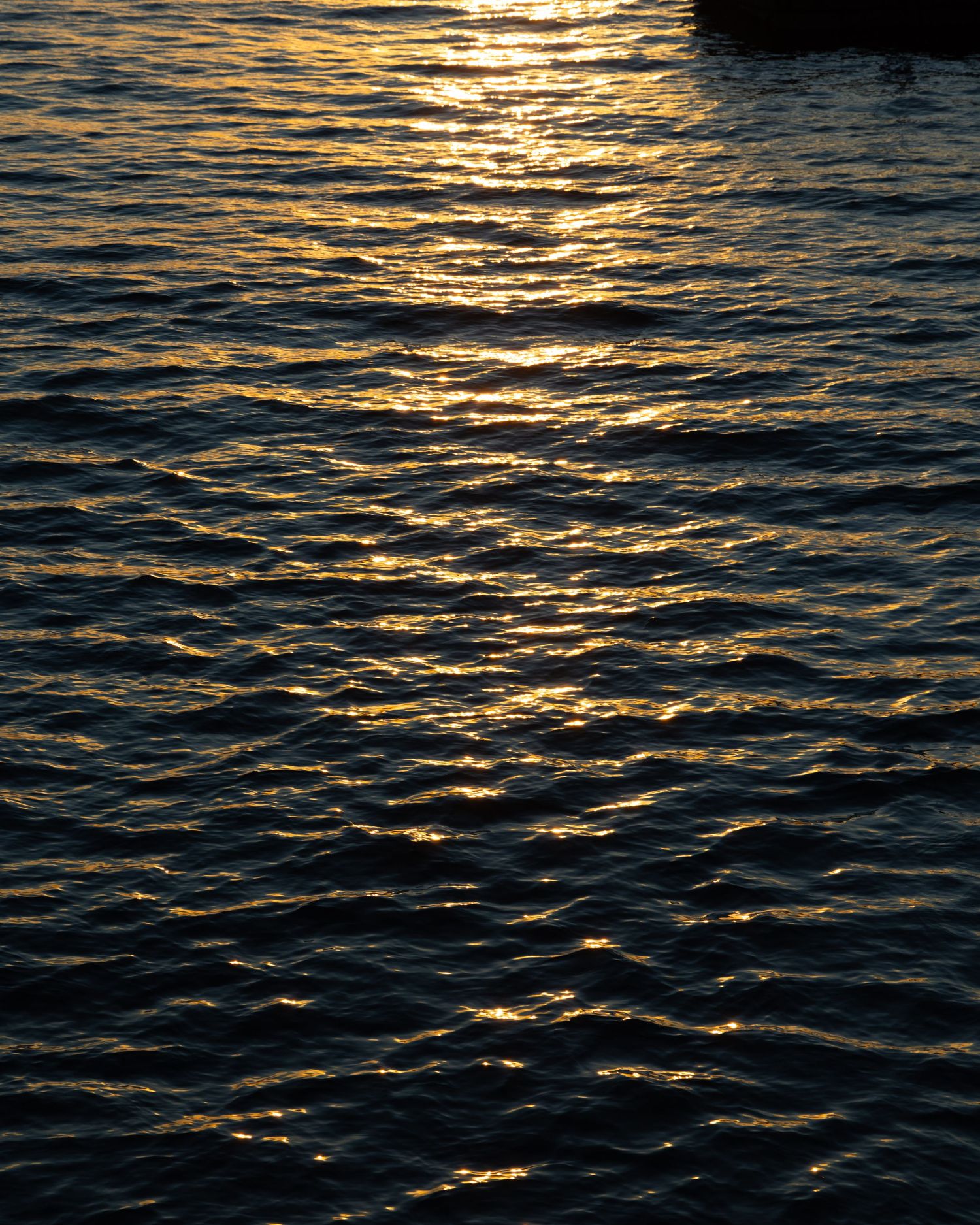 Golden sunset light reflecting on gently rippling dark ocean water, creating a shimmering path of light across the sea.