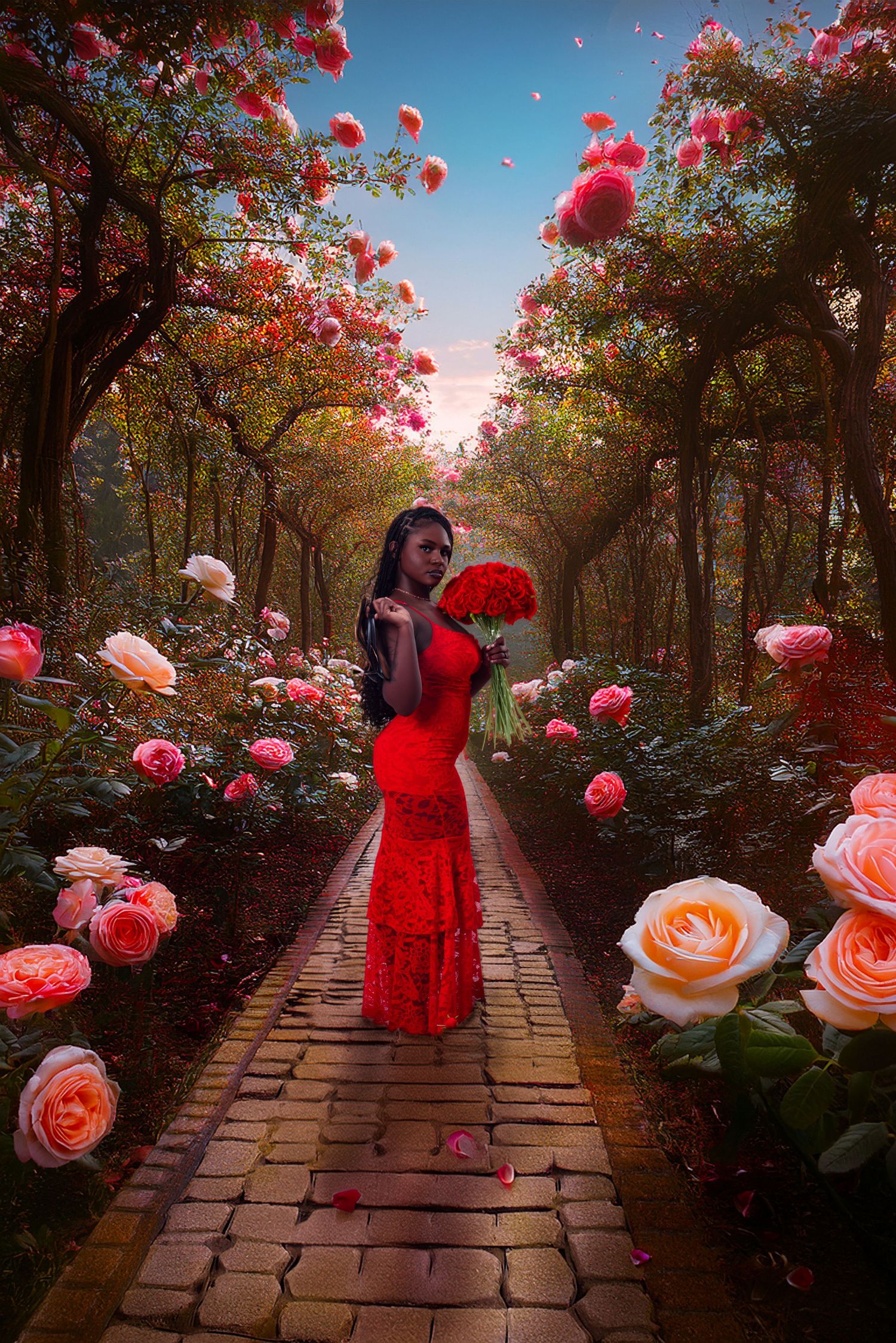 Woman in red dress holding roses stands on brick path in enchanting garden with blooming pink and red roses.