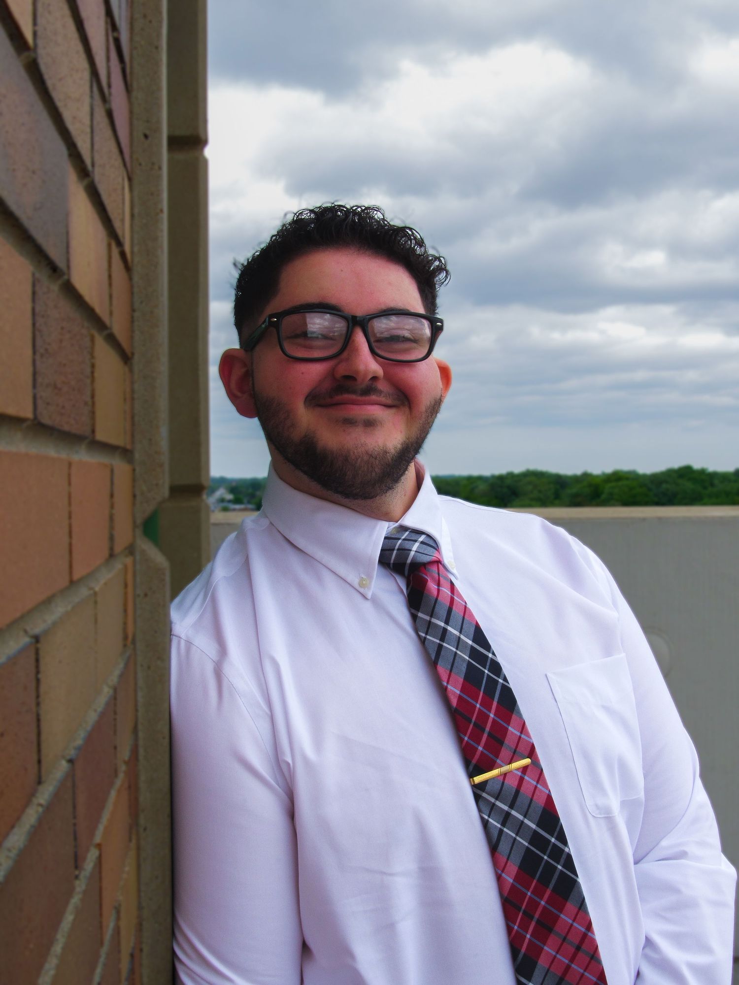 Professional wearing glasses, white dress shirt and plaid tie poses against brick wall exterior on cloudy day.