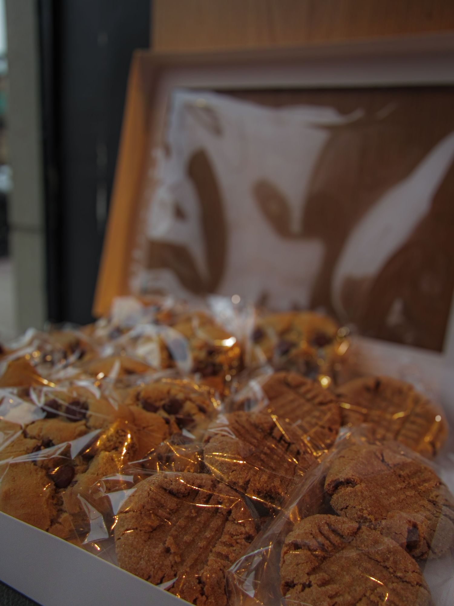 Close-up view of freshly baked chocolate chip cookies arranged on a baking sheet.