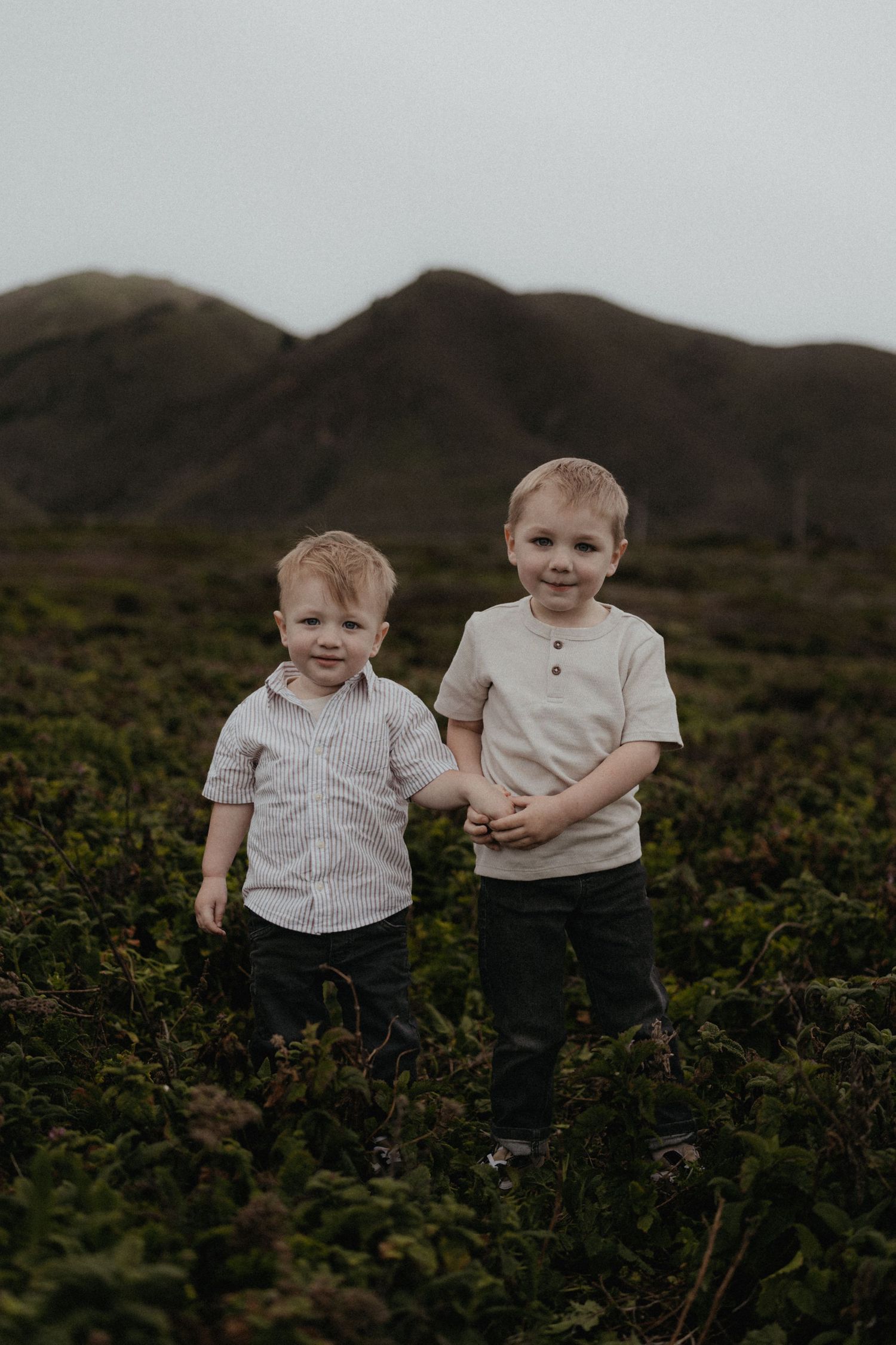 Two young brothers holding hands in a lush green field with rolling mountains in the background.