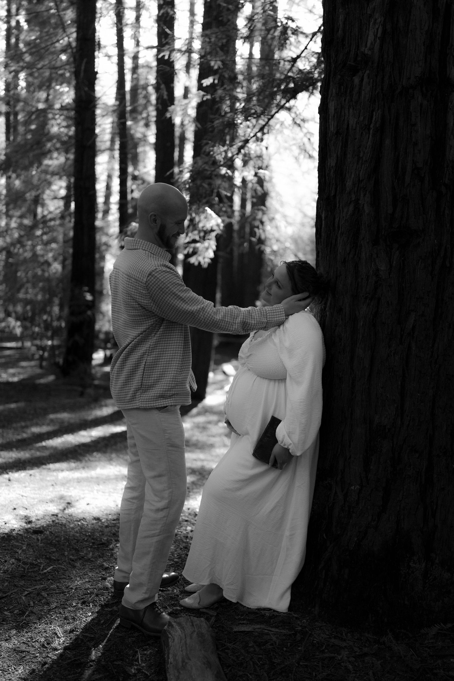 Couple in a romantic forest photoshoot among tall redwood trees with sunlight filtering through.