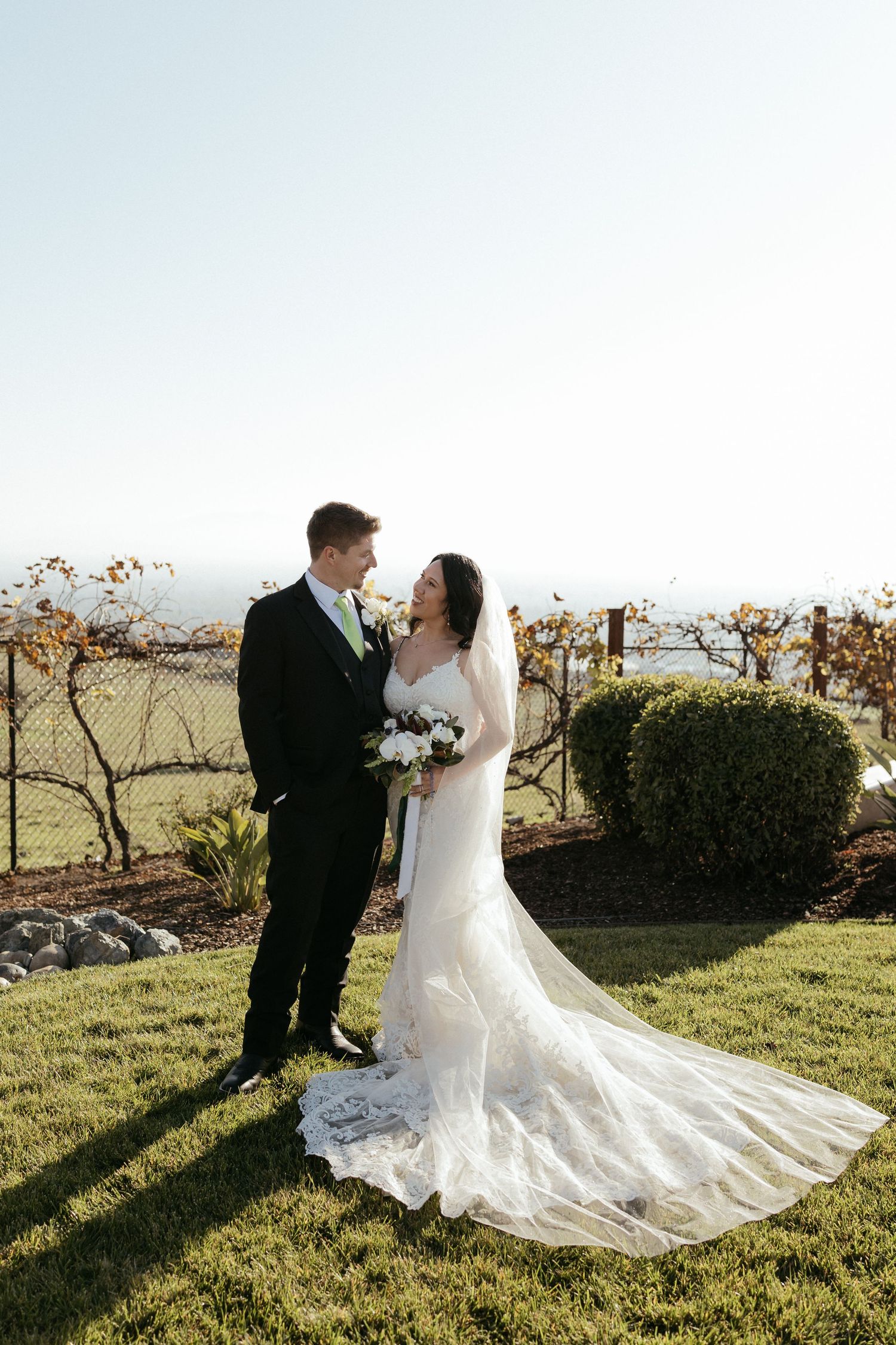 Romantic wedding couple poses in a grassy field at sunset with a flowing white veil and black suit.