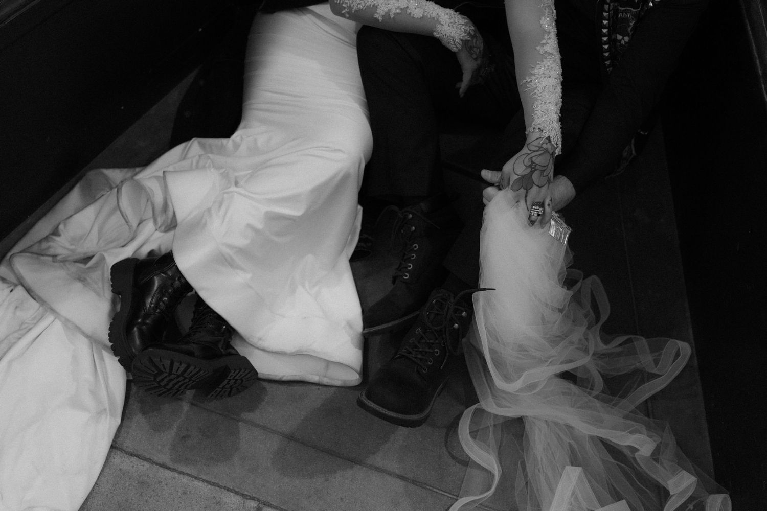 Artistic black and white wedding photo sequence showing a couple in dramatic poses.