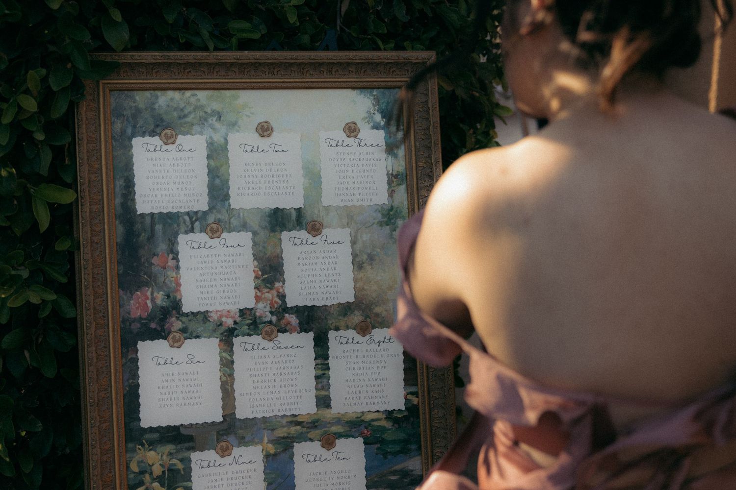 A wedding seating chart decorated with floral details is being viewed by a guest at an event.
