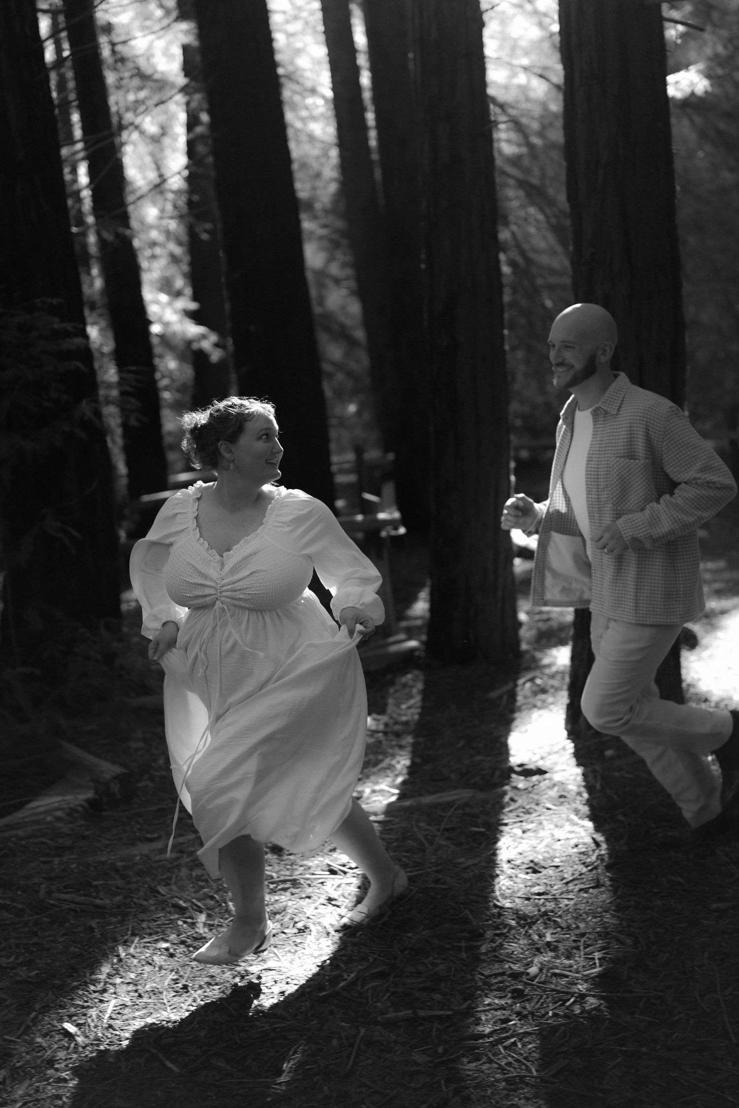 A sequence of ethereal dance movements captured in a sunlit forest with figures in flowing white garments.