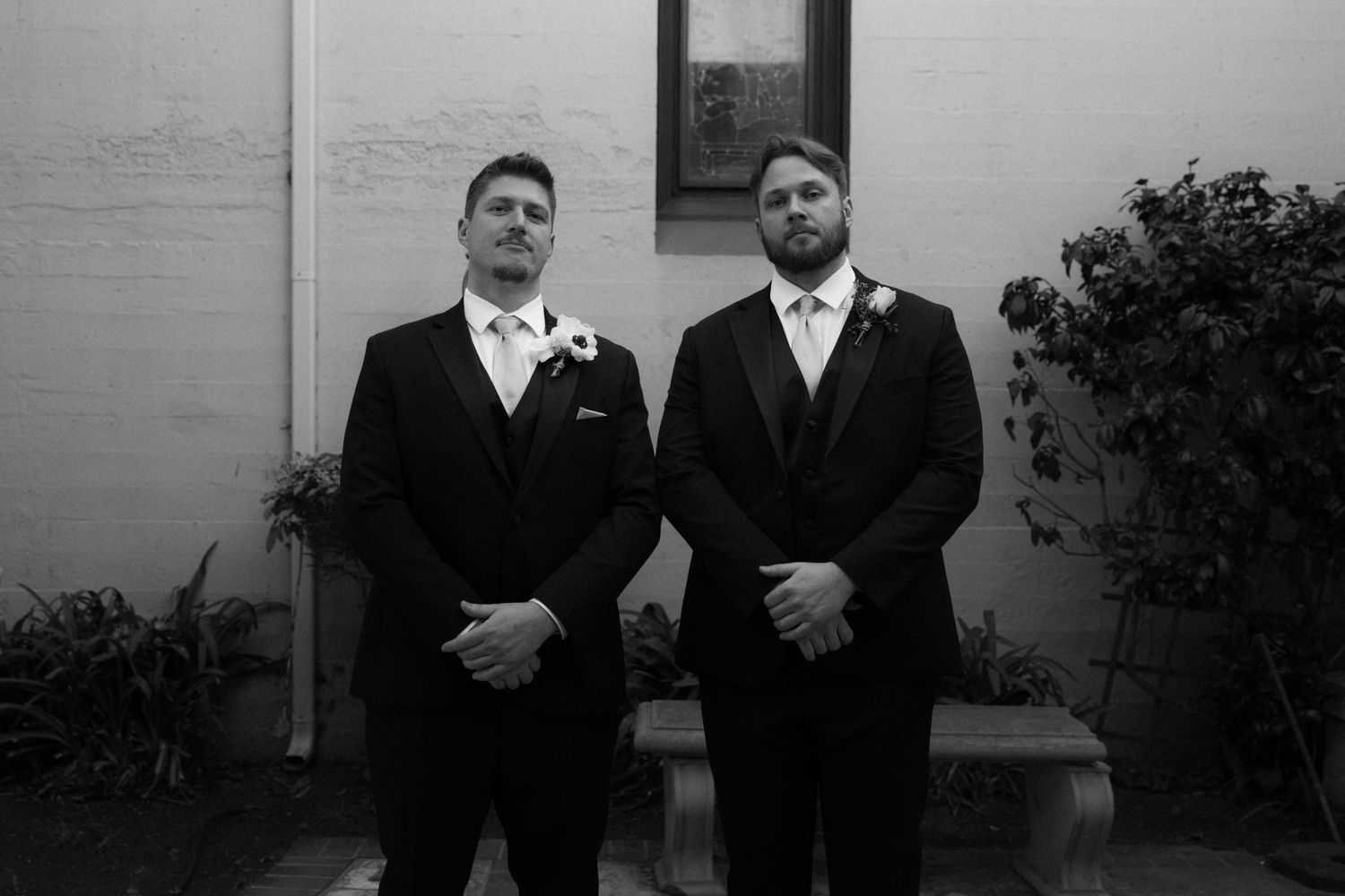 A black and white collage of wedding photos showing formal attire and outdoor settings.