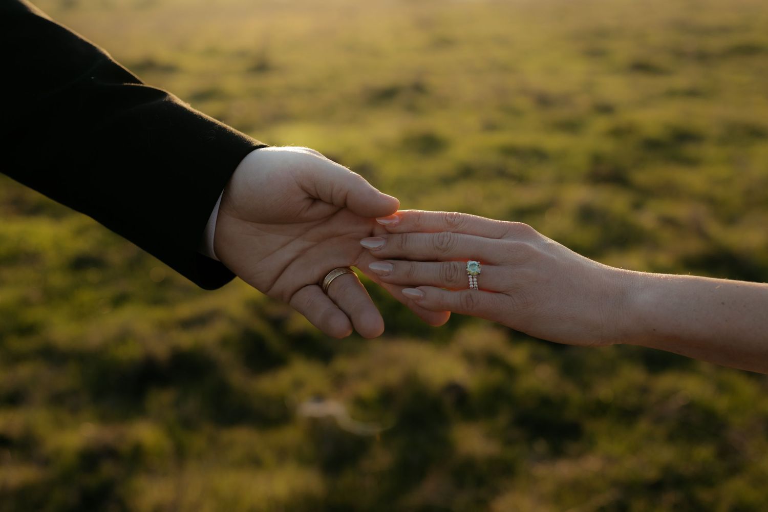 Close-up of hands with wedding rings touching against a sunset-lit grassy background.