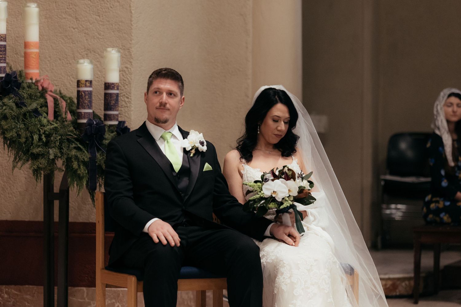 A wedding couple poses together in a series of romantic photos showing their special day.