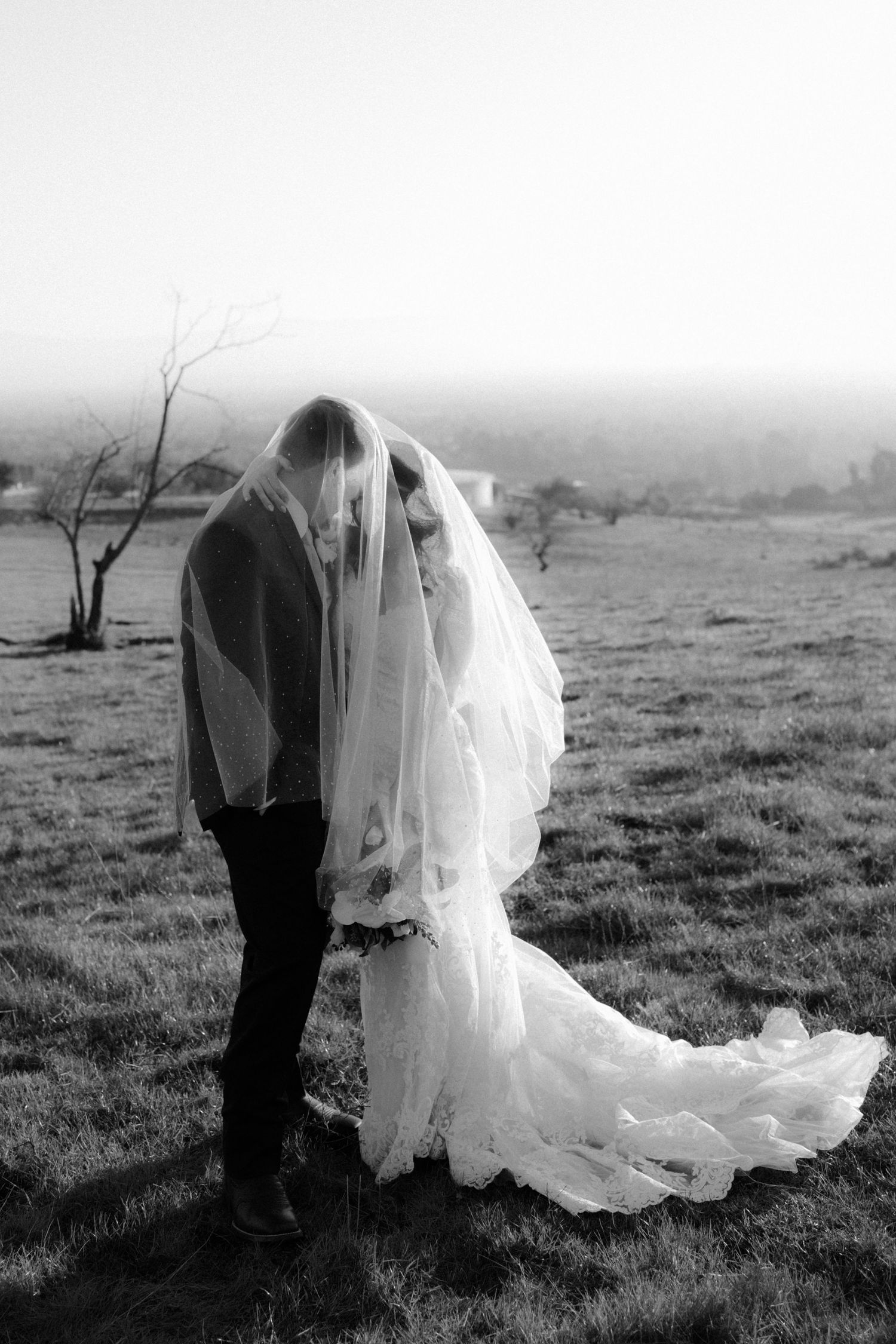 Artistic black and white wedding photos showing a couple's silhouettes in a misty field.