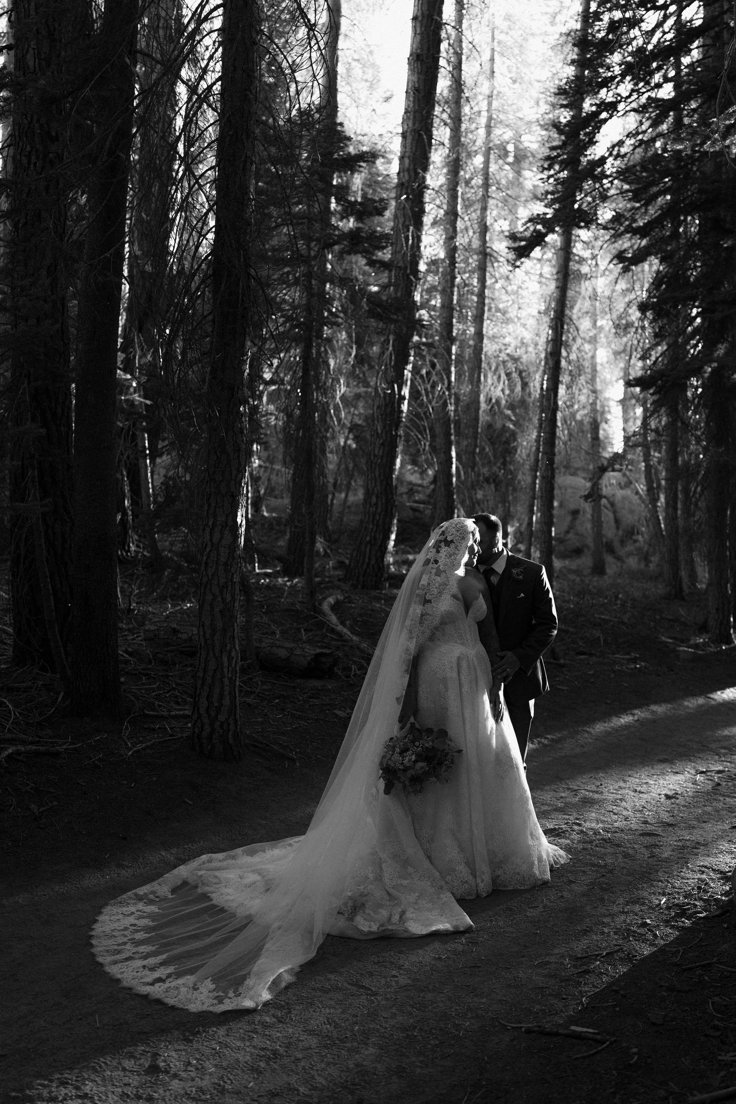 Bride and groom walking through a forest in black and white wedding photo with long cathedral veil trailing.