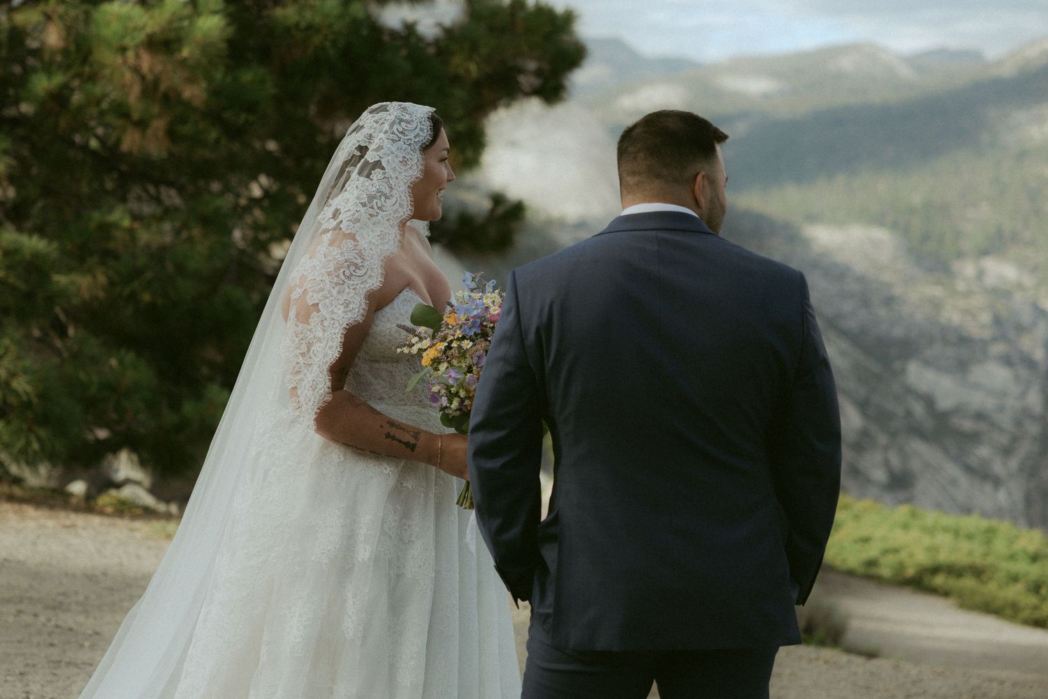 Bride and groom seen from behind, she in lace gown with veil, he in navy suit, at mountain venue.