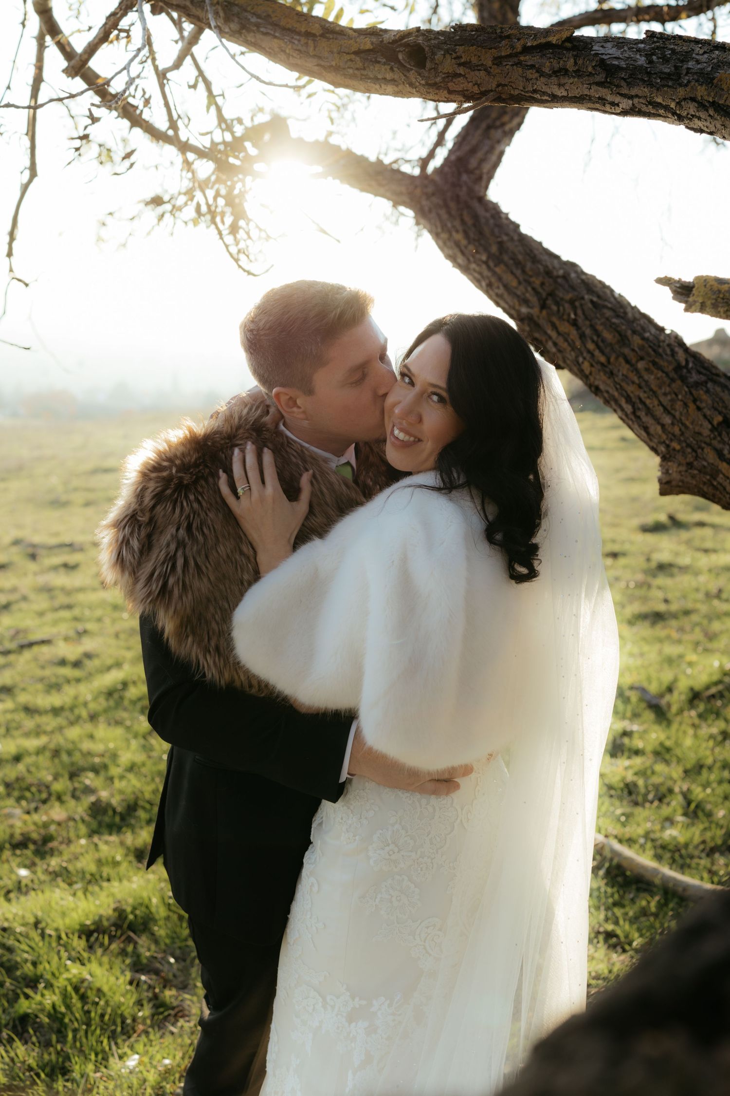 Romantic newlyweds share tender moments under a tree branch at sunset in a grassy field.