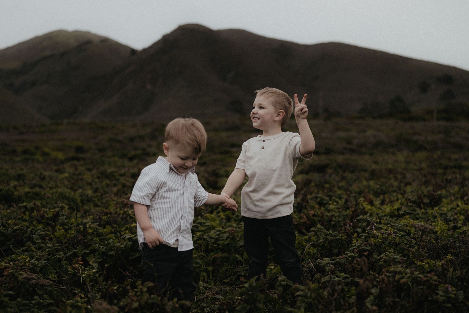 Two children walk through a misty field at sunset holding hands and exploring nature together.