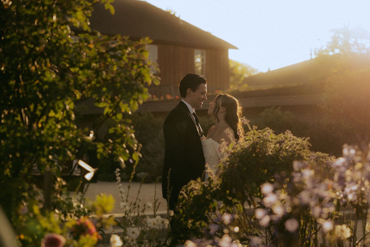 A couple embraces during golden hour in a garden setting with sunlit trees and dandelions in the background.