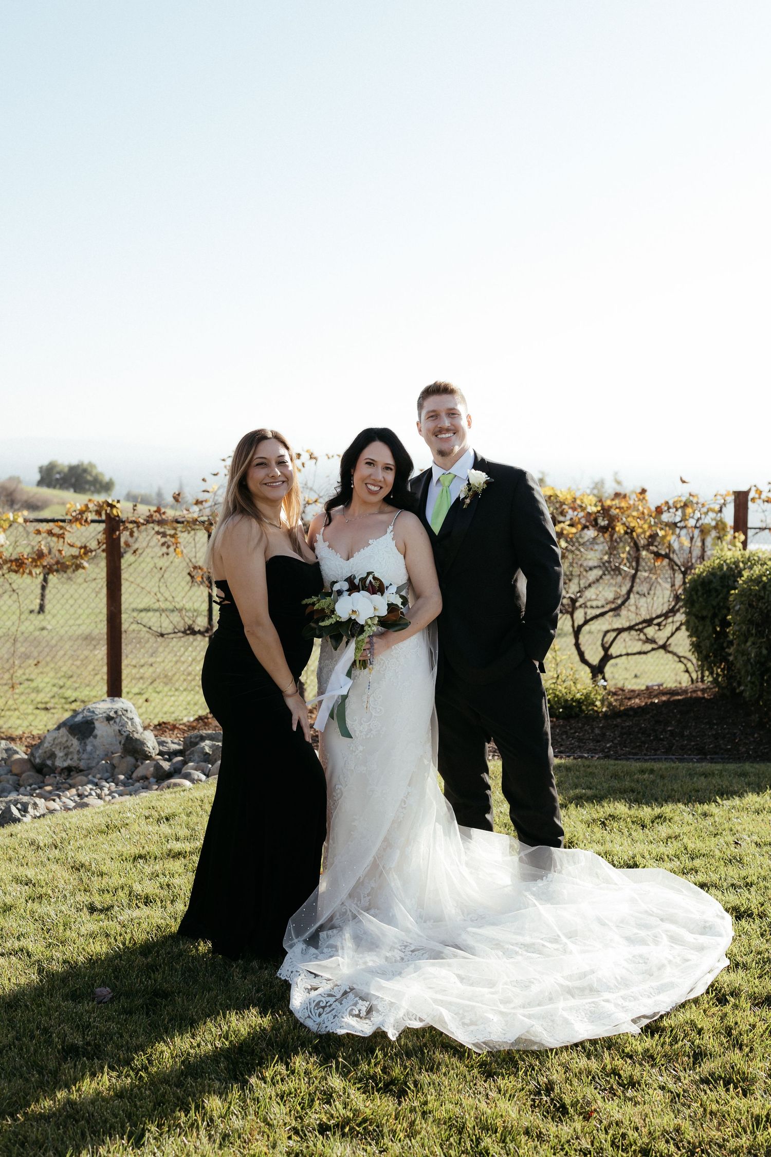 Wedding party poses together on a grassy hillside with vineyard views at sunset.