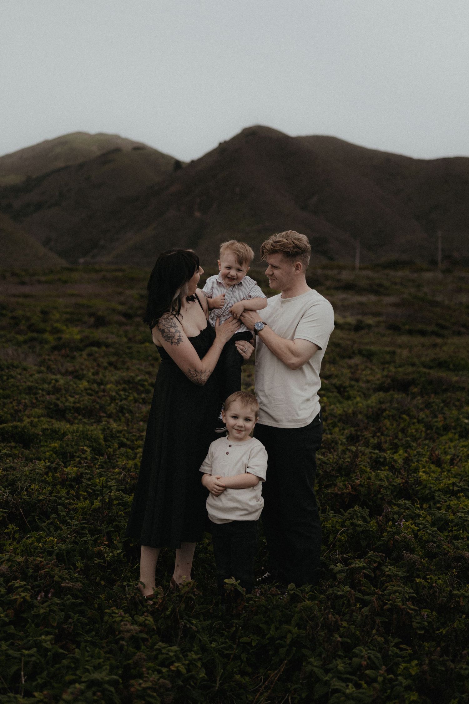 Happy family of four with two young boys posing in a green meadow with mountains behind them.