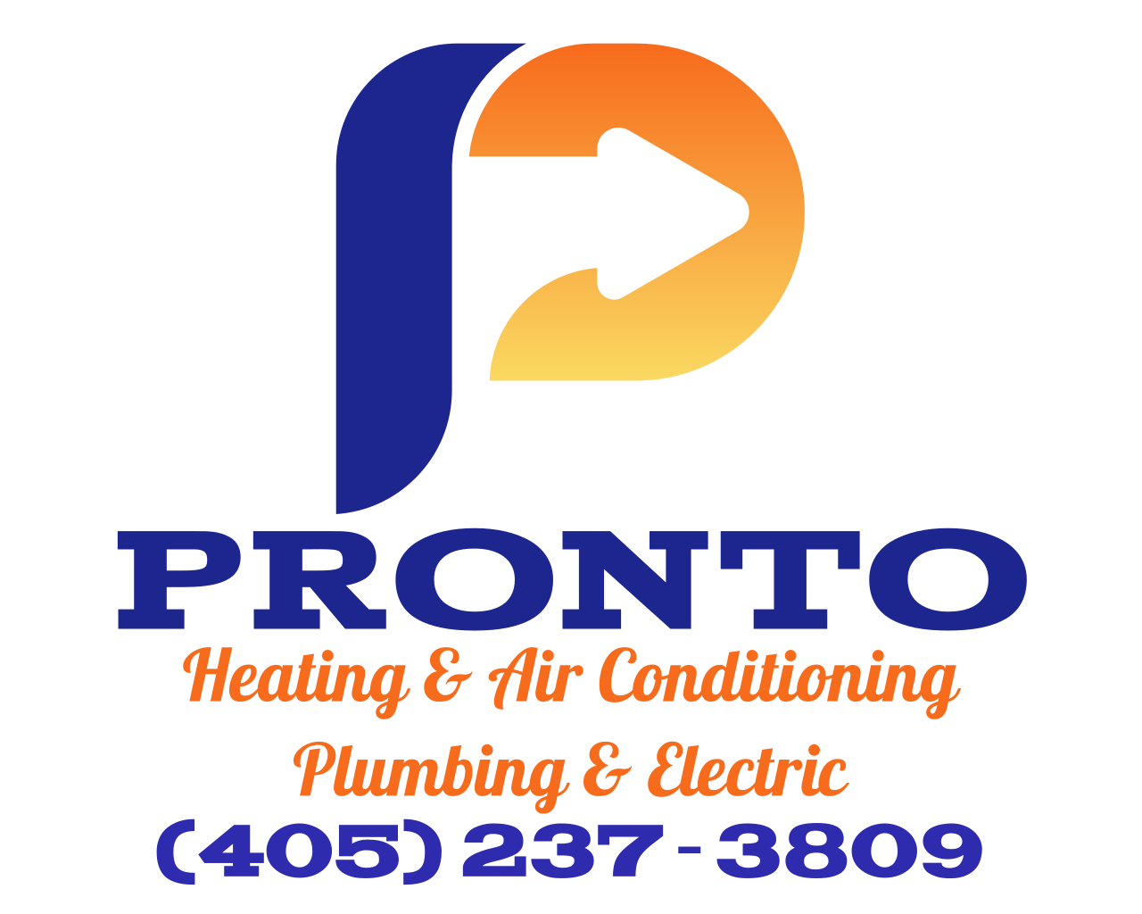Pronto Heating & Air Conditioning company logo featuring blue and orange colors with contact information.