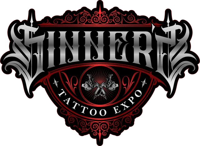 A collection of ornate vintage-style logos and emblems in black and red with decorative flourishes and gothic elements.