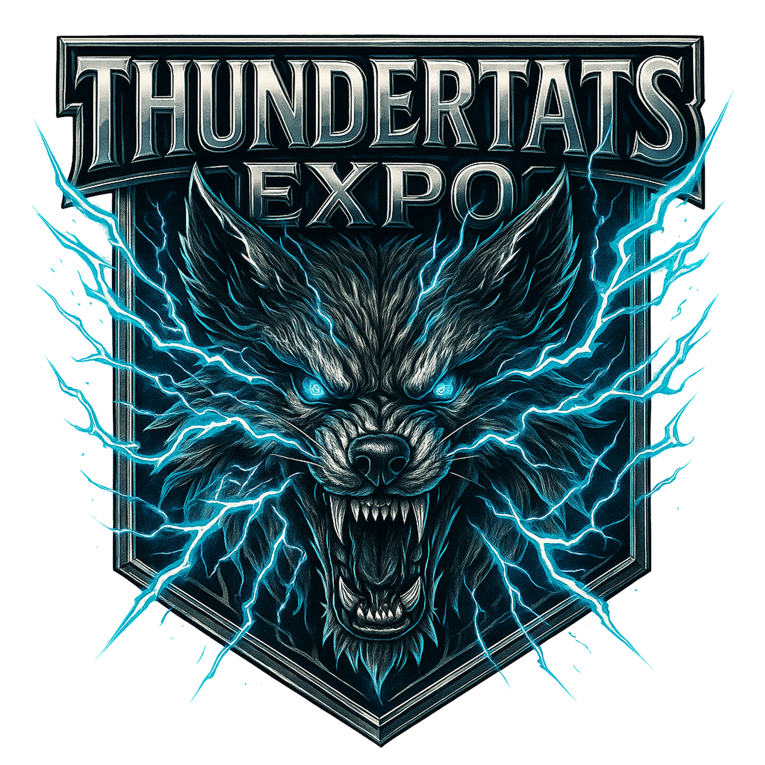 Five variations of a fierce wolf mascot logo design with lightning effects and angular shield shapes in blue and black.