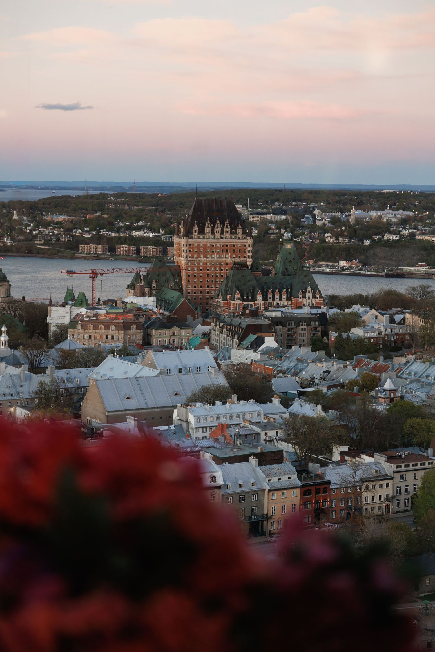 Aerial view of Quebec City at sunset featuring the iconic Chateau Frontenac and historic Old Town with red flowers in foreground.