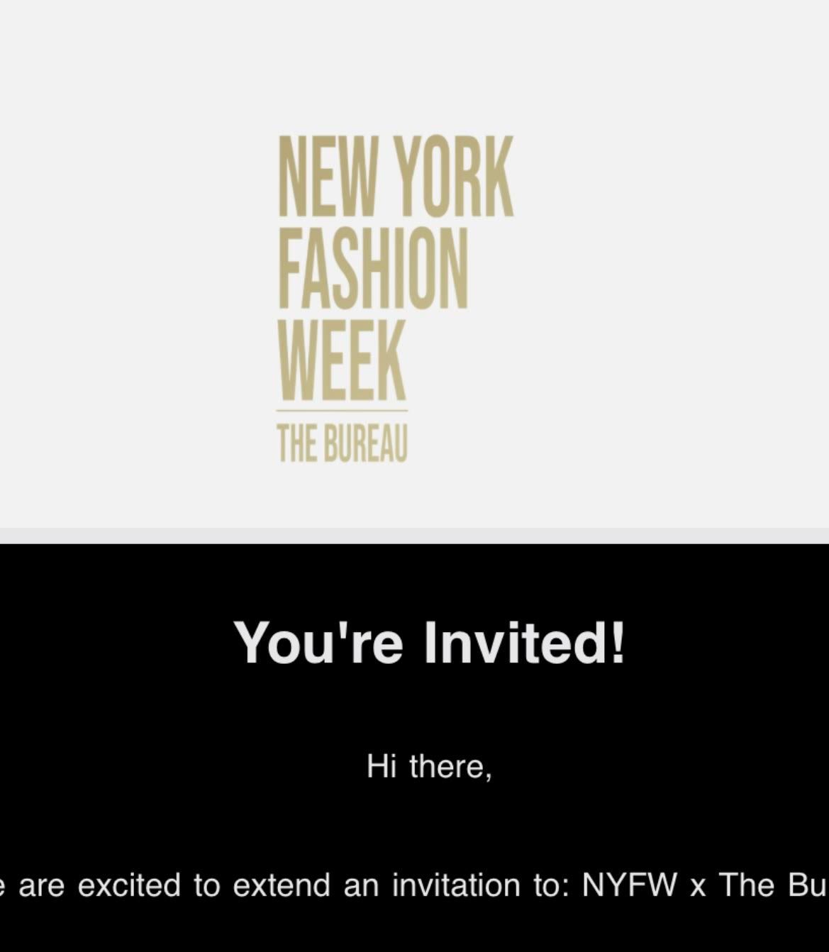 Simple black and white invitation to New York Fashion Week featuring gold text.